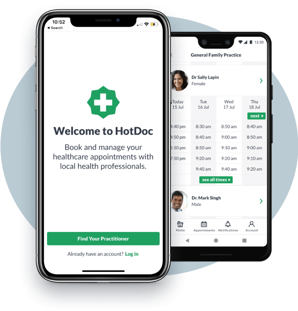 Mobile screens displaying HotDoc app for booking and managing healthcare appointments online