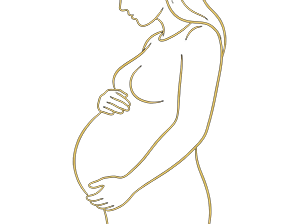 Minimal line illustration of a pregnant woman in side profile holding her belly
