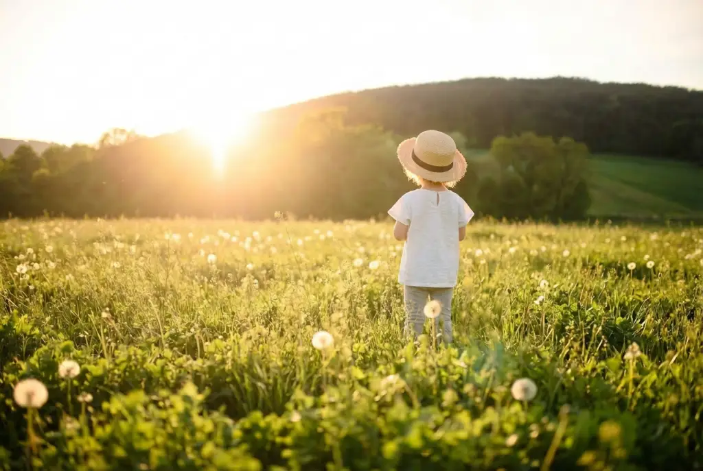 Child standing in a grassy field at sunset, representing healthy development and wellbeing