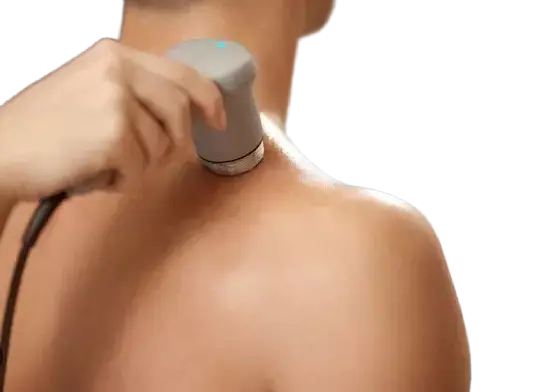 therapeutic-ultrasound-shoulder-neck-pain-radiant-chiropractic-canterbury - Radiant Chiropractic Melbourne Chiropractor using an instrument-assisted technique on the upper back and neck